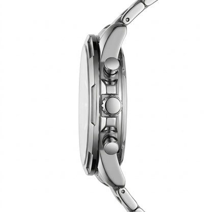 Close-up of a silver watch with detailed case and strap on a white background