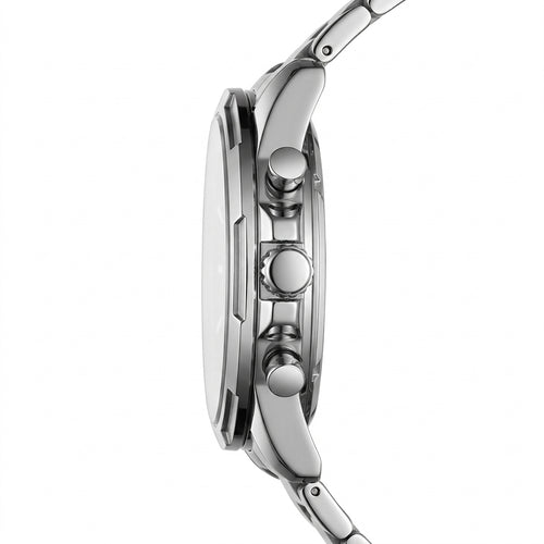 Close-up of a silver watch with detailed case and strap on a white background