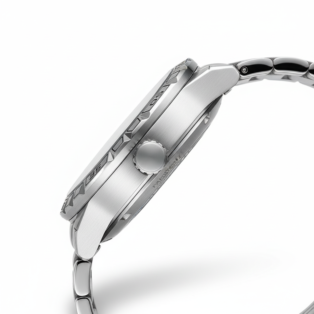Close-up of a silver watch with detailed design on a white background