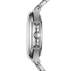 Close-up of a silver watch with detailed metalwork on a white background