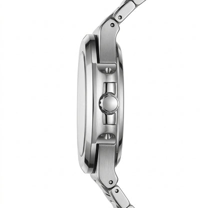Close-up of a silver watch with detailed metalwork on a white background