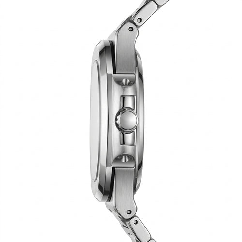 Close-up of a silver watch with detailed metalwork on a white background