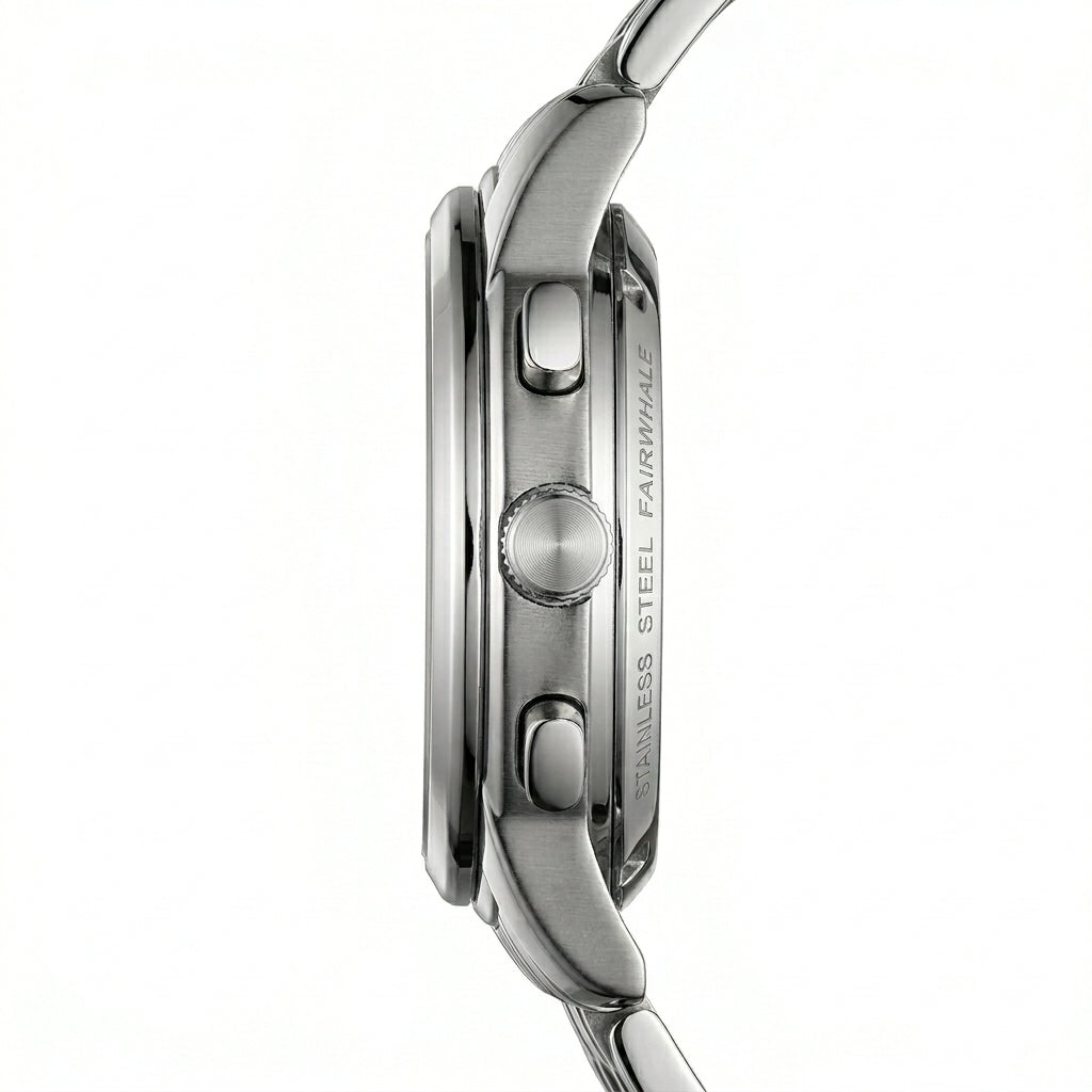 Close-up of a silver watch with visible brand name on a white background