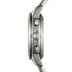 Close-up of a silver watch with visible brand name on a white background