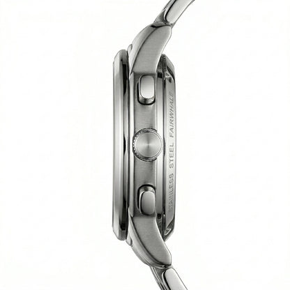 Close-up of a silver watch with visible brand name on a white background