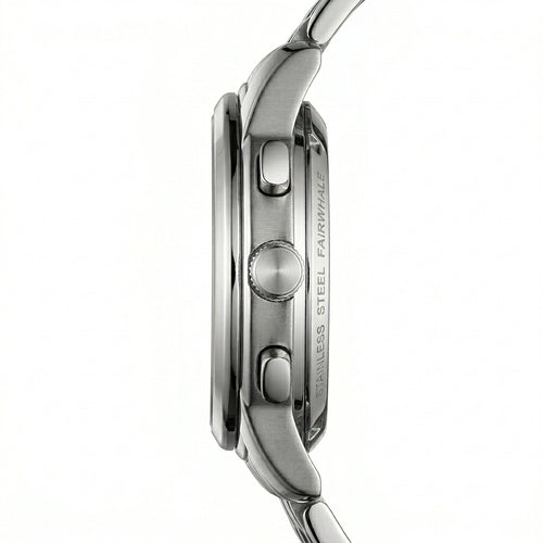 Close-up of a silver watch with visible brand name on a white background