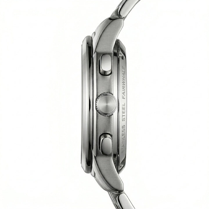 Close-up of a silver watch with visible brand name on a white background