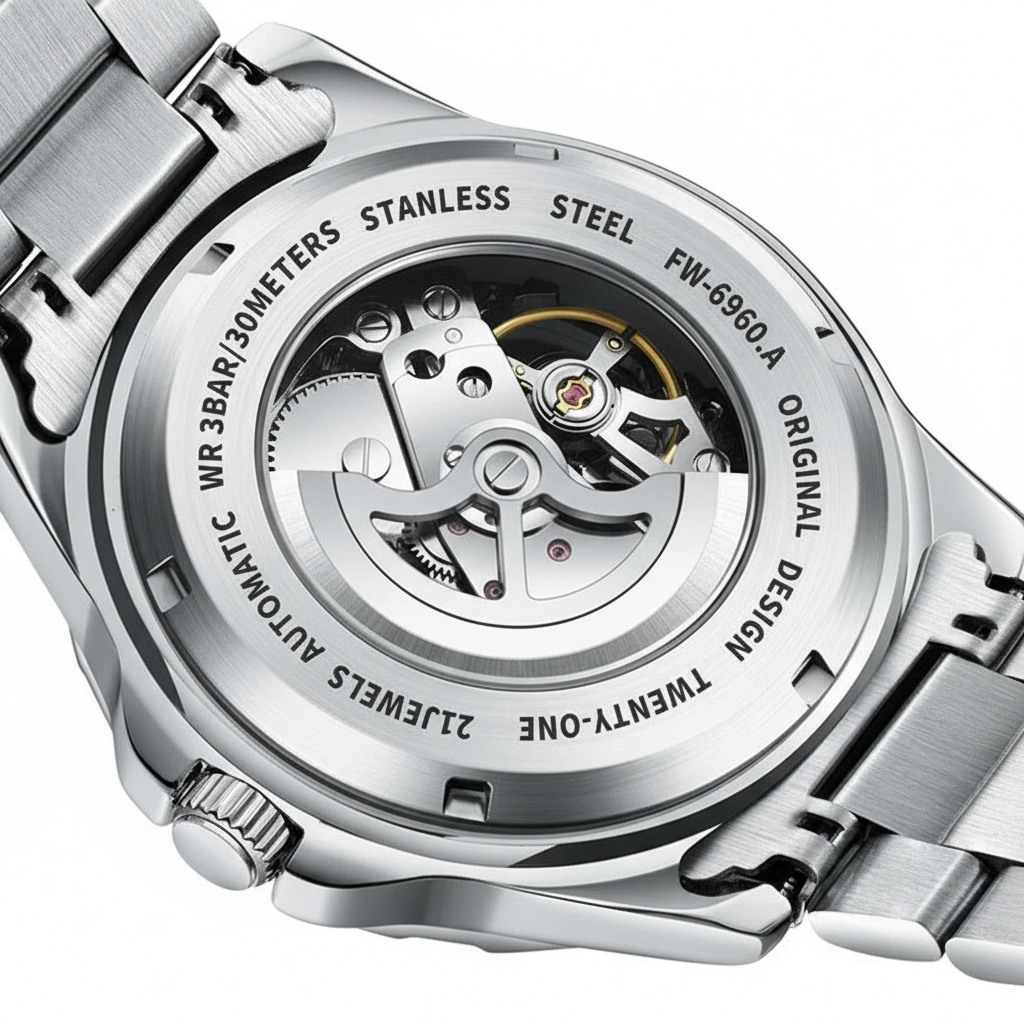 Close-up of a silver watch with visible brand name on a white background