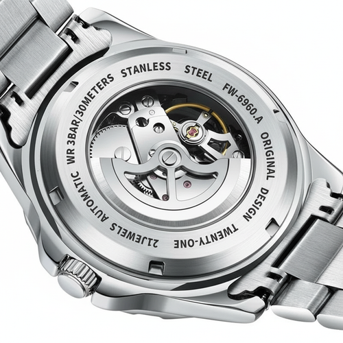 Close-up of a silver watch with visible brand name on a white background