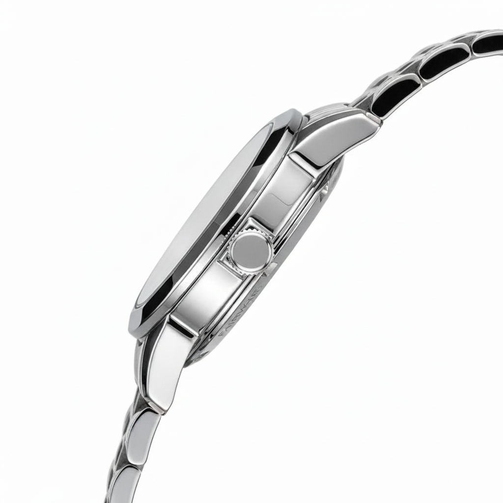 Close-up of a silver watch with a white background