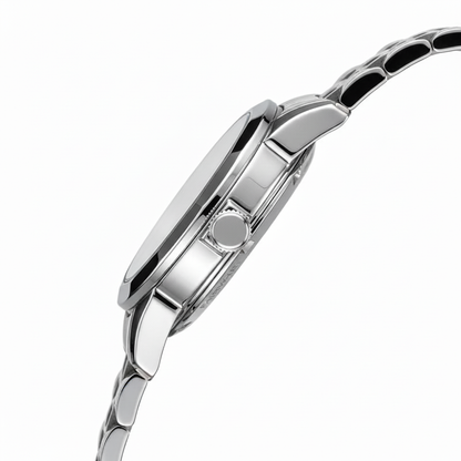 Close-up of a silver watch with a white background