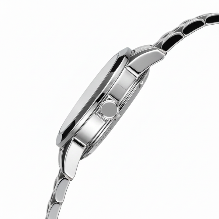 Close-up of a silver watch with a white background