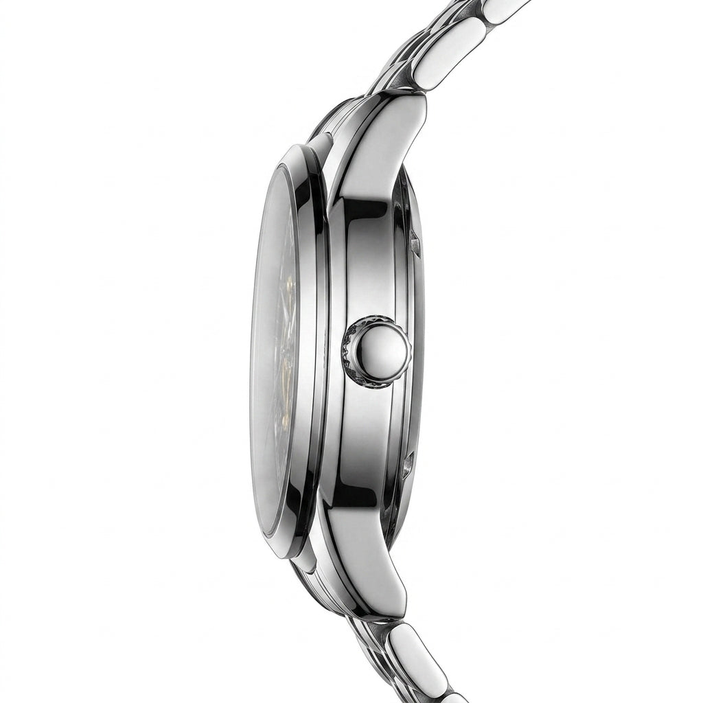Close-up of a silver watch with a white background
