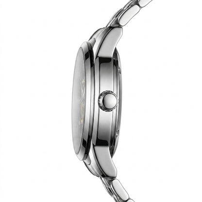 Close-up of a silver watch with a white background
