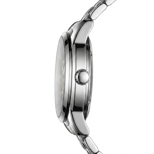 Close-up of a silver watch with a white background