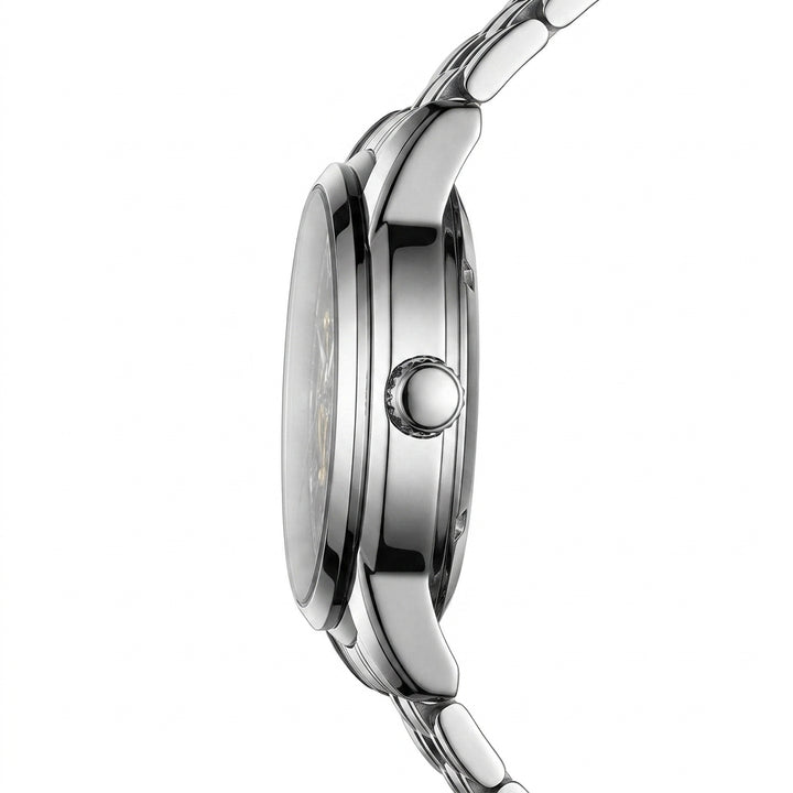Close-up of a silver watch with a white background