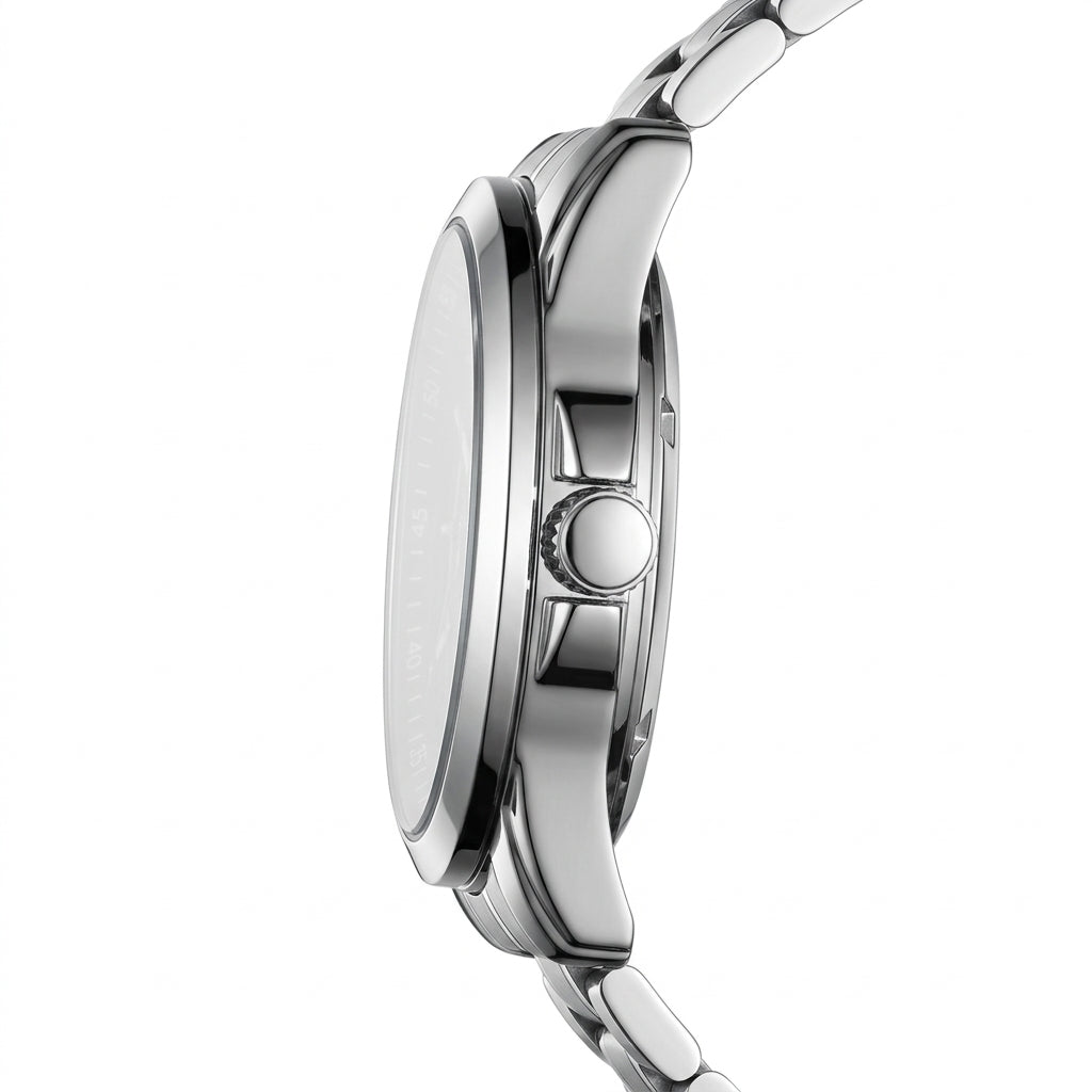 Close-up of a silver watch with a white background