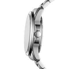 Close-up of a silver watch with a white background