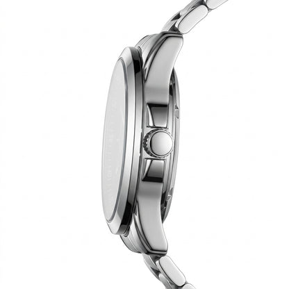 Close-up of a silver watch with a white background