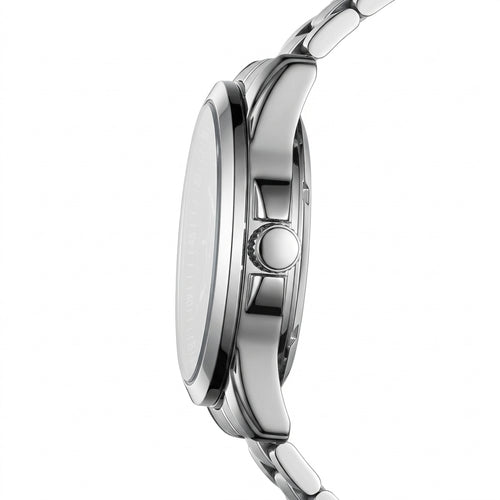 Close-up of a silver watch with a white background