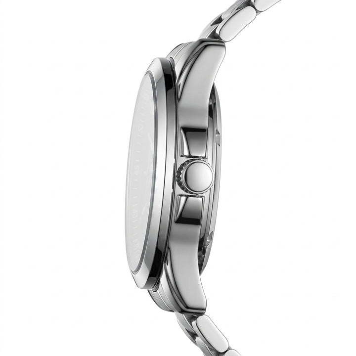 Close-up of a silver watch with a white background