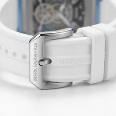 Close-up of a watch strap with 'Mark Fairwhale' branding on a white background
