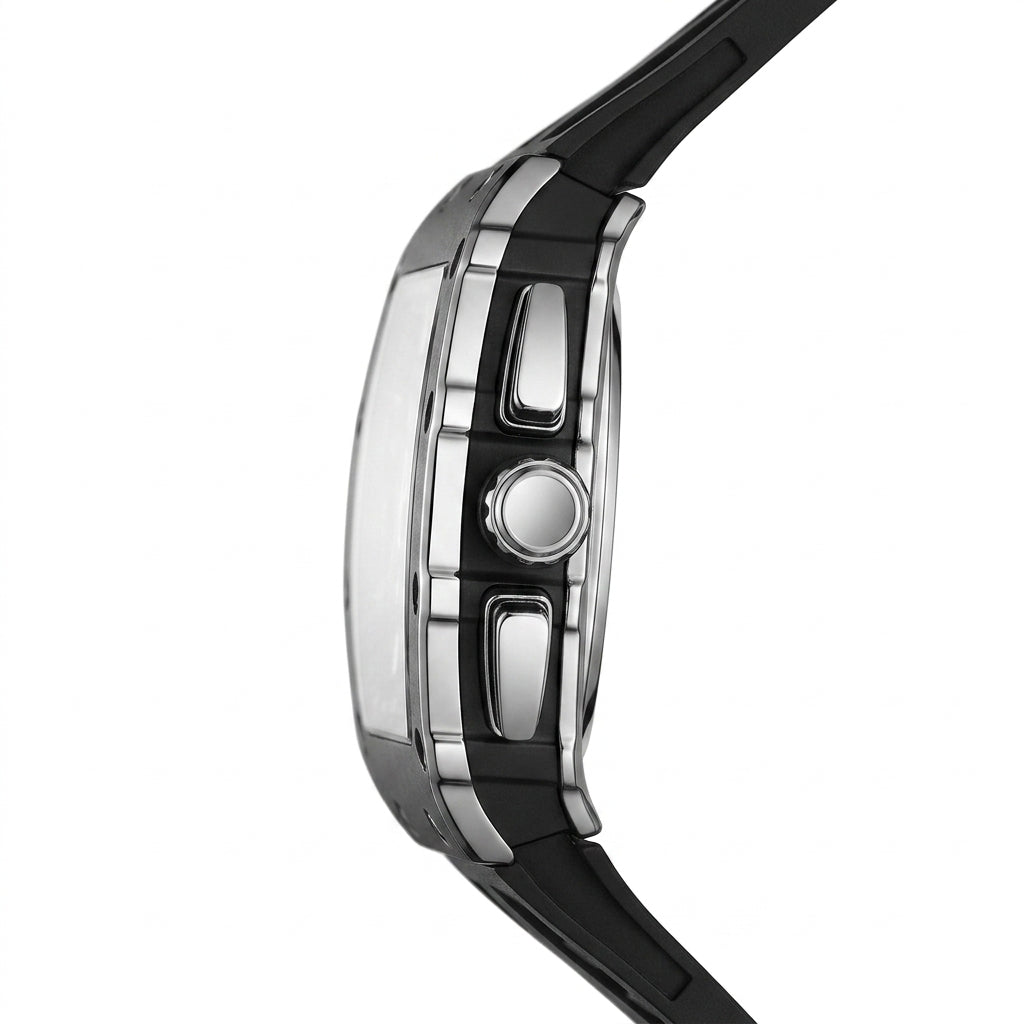 Close-up of a watch with a black strap and silver case on a white background