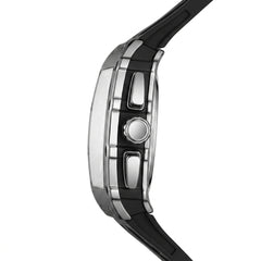 Close-up of a watch with a black strap and silver case on a white background