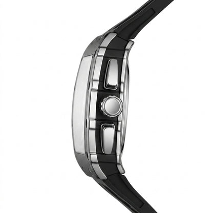 Close-up of a watch with a black strap and silver case on a white background