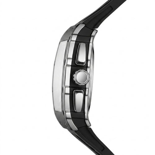 Close-up of a watch with a black strap and silver case on a white background