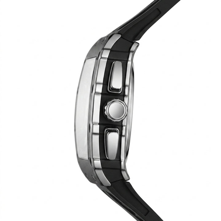 Close-up of a watch with a black strap and silver case on a white background