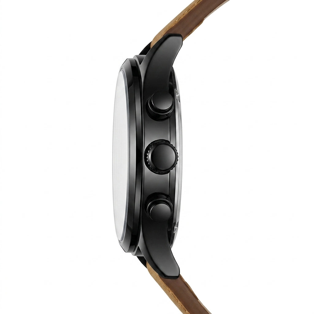 Close-up of a watch with a brown strap on a white background