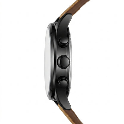 Close-up of a watch with a brown strap on a white background