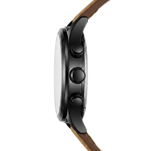 Close-up of a watch with a brown strap on a white background