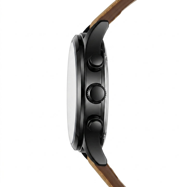 Close-up of a watch with a brown strap on a white background