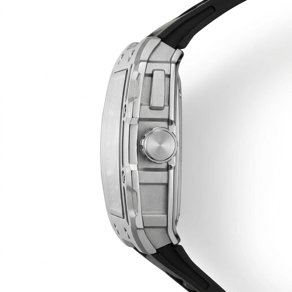 Close-up of a watch with a black strap and silver case on a white background