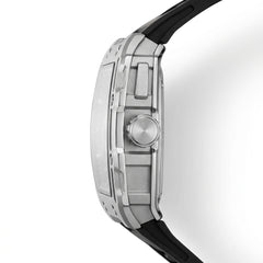 Close-up of a watch with a black strap and silver case on a white background