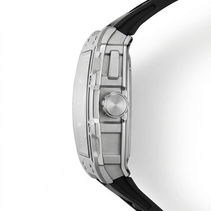 Close-up of a watch with a black strap and silver case on a white background
