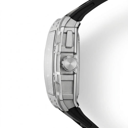 Close-up of a watch with a black strap and silver case on a white background