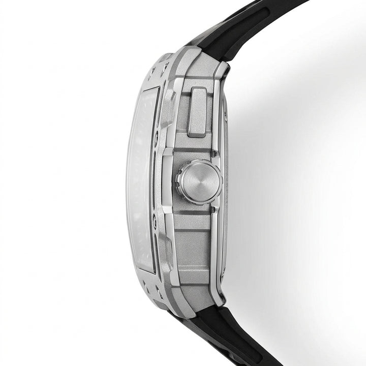 Close-up of a watch with a black strap and silver case on a white background