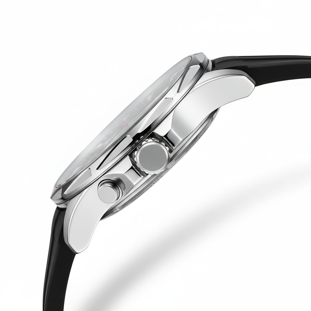 Close-up of a watch with a black strap and silver case on a white background