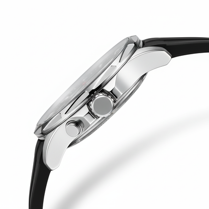 Close-up of a watch with a black strap and silver case on a white background