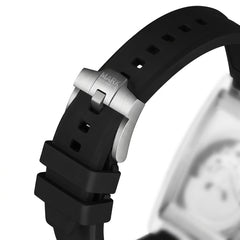 Close-up of a watch with a black strap and silver clasp on a white background