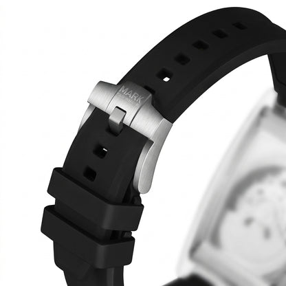 Close-up of a watch with a black strap and silver clasp on a white background