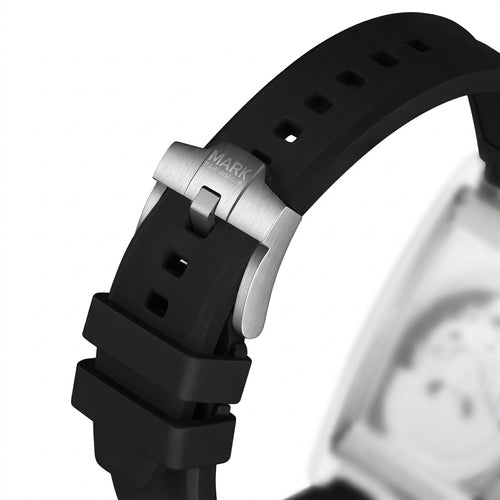 Close-up of a watch with a black strap and silver clasp on a white background
