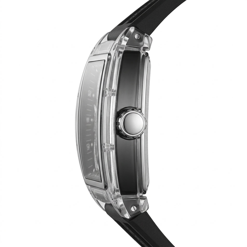 Close-up of a watch with a black strap and transparent case on a white background