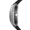 Close-up of a watch with a black strap and transparent case on a white background