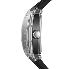 Close-up of a watch with a black strap and transparent case on a white background