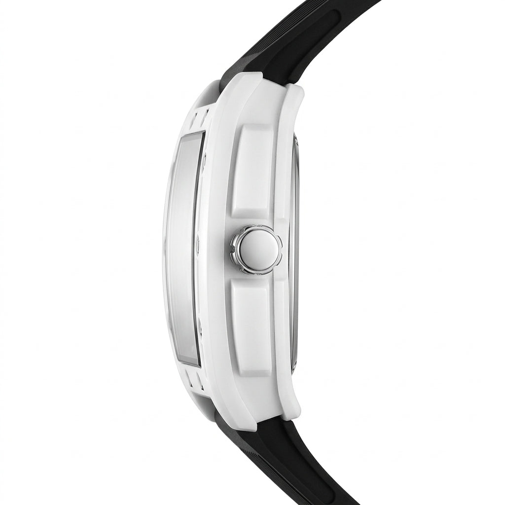 Close-up of a watch with a black strap and white casing on a white background