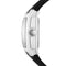 Close-up of a watch with a black strap and white casing on a white background